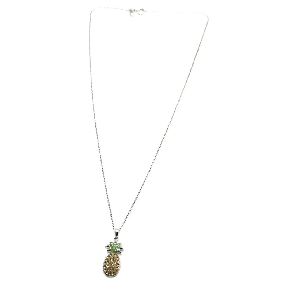 Crystal Rhinestone Pineapple Pendant Necklace Yellow Green Gold Tone 18
